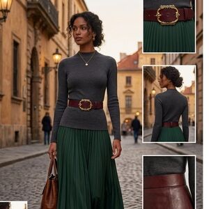 Medike Landes - Burgundy Italian Leather Belt Ornate Brass tone Buckle Size S.